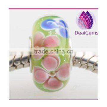 DIY fashion green colour pink flowers lampwork big hole Glass Beads