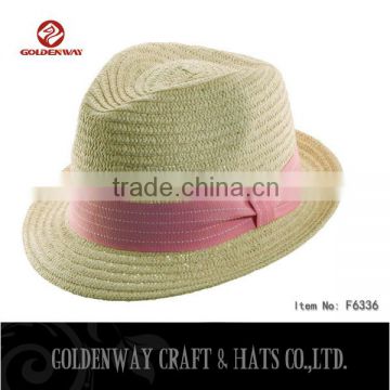 Promotional Cheap Natural Straw Fedora Hat With pink ribbon