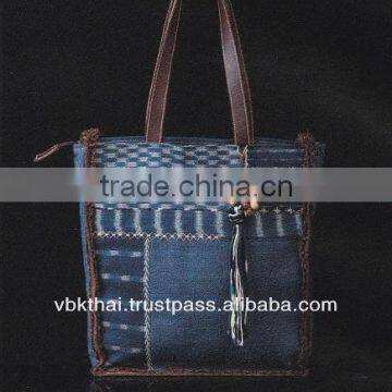 LEATHER STRAP HAND BAG WITH INDIGO DYED COTTON