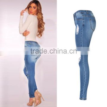 Top design Mid-waist ripped skinny pencil fit denim jeans for women