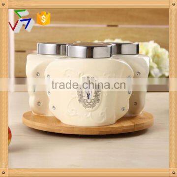 Ceramic Canister Set With Turntable Bamboo Rack,ceramic Food Storage Jar,ceramic Kitchen Sugar Coffee Tea Jar