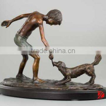 Bronze boy playing dog statue child sculptures