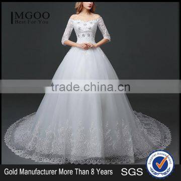 MGOO Elegant Old Castle Long Tail Wedding Dress Lao White Embroidery Off Shoulder 3/4 Long Sleeves Dress