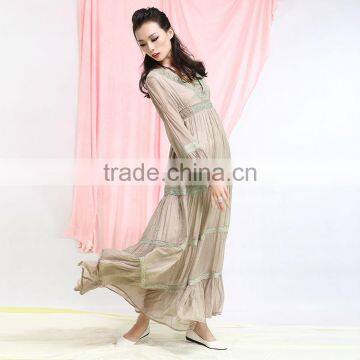2017 elegant light long sleeve lartern v neck light brown long maxi dress