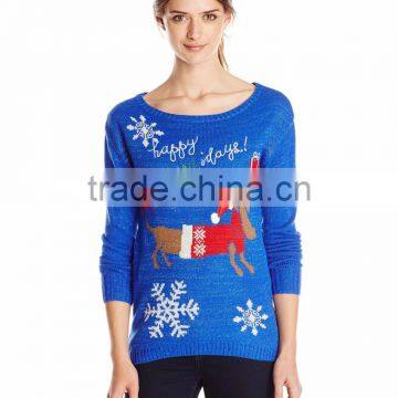 Women Blue Sweater Christmas Dog Pattern Christmas Sweater Unisex