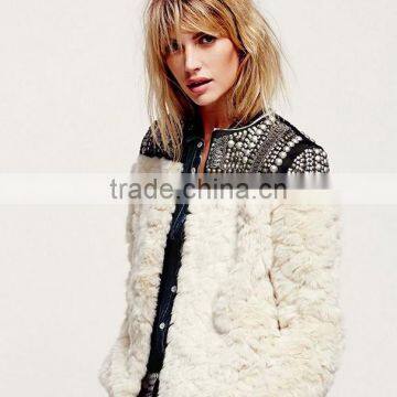 2017 wholesales Europe style short rabbit fur coat Genuine fur rabbit fur stitching bead jacket