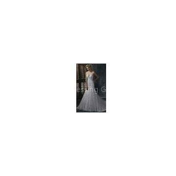 White Color V - Neck Straps Lace Trumpet Wedding Dressing Gowns / Bridal Gown