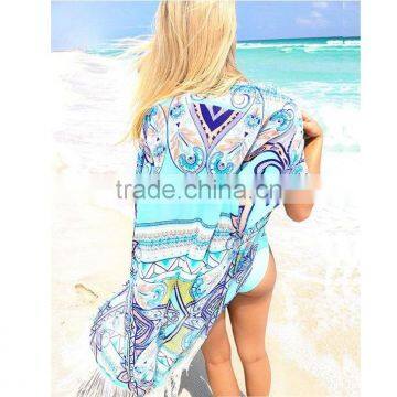 Women Beach Kimono Outside Blouse Chiffon Short Sleeve Sunscreen Tassel for Tops S6310004