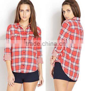 2014 hot selling latest design long sleeve gingham shirt women fashion plaid shirt