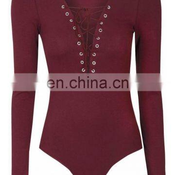 Ladies Long Sleeve Burgundy lace up body suit, Women Tops