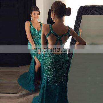 Green Deep V Neck Party Dress Sleeveless Mermaid Sequins Side Split Floor Length Criss Cross Strap Prom Dress