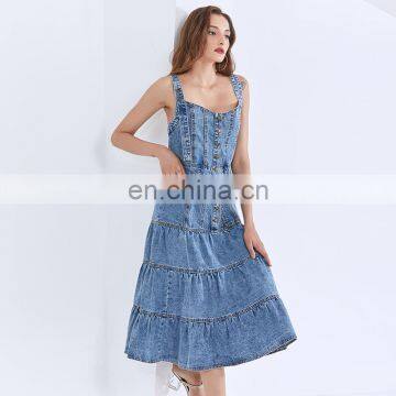 TWOTWINSTYLE Square Collar Sleeveless High Waist Cross Sling Midi Ladies Denim Dresses photo-3