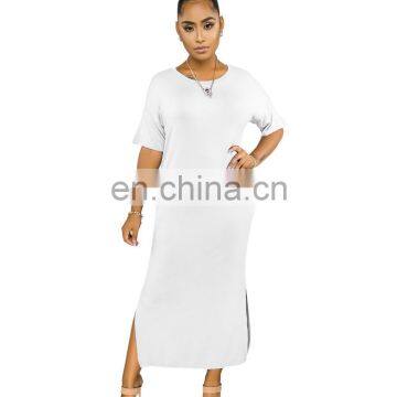 Wholesales Best Seller Women Solid Color Casual Long Dresses Ladies Split O-Neck Dresses Women Summer Dresses photo-6