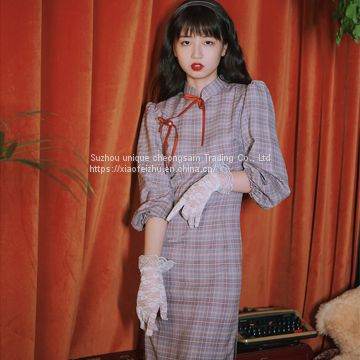 Old time retro 7 / 3 Sleeve Plaid elegant cheongsam young girl improved autumn dress