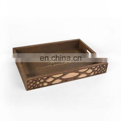 K&B wholesale custom hollowed-out work rustic wooden serving tray for ottoman coffee table