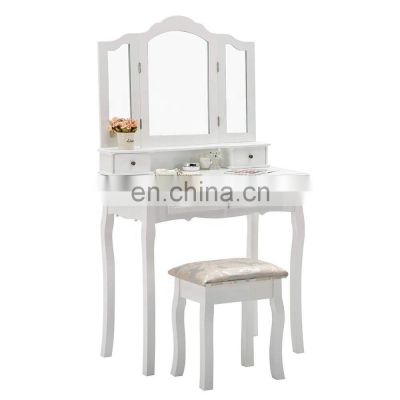 Cushioned Stool Makeup Organizer 4 drawers Trifold Mirror Makeup Vanity Table Set