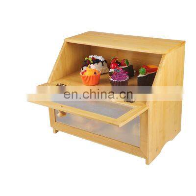 Double Layer Large Bamboo Bread Box Kitchen Counter Wooden Large Capacity Bread Storage Bin