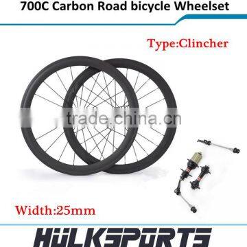 Wholesale 25mm width clincher full carbon road bicycle wheelset Toray T700 complete wheels 700c road cycling wheel set