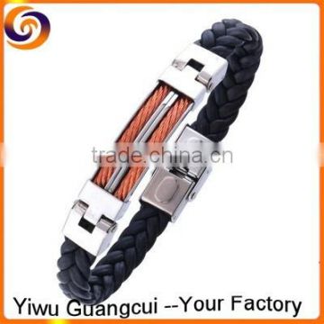 Fashion stainless steel black pu leather wire bangle for men