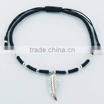 Antiqued Silver Feather Charm Macrame Bracelet