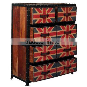 Popular Union Jack design Industrial Drawer Cabinet, Vintage style Metal Wooden Drawer Cabinet, Multi Drawer Living Room Cabinet