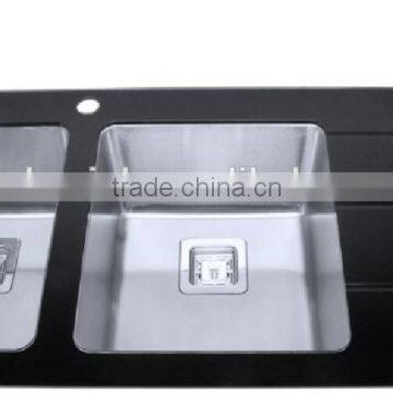 Popular style black glass top stainless steel kitchen sink with drainboard