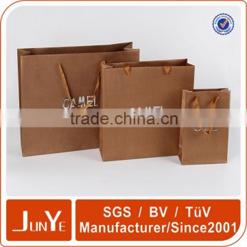 brown fancy paper clothing bag with silvery hot stamp