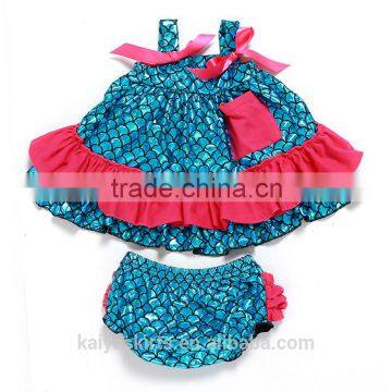 New style Spaghetti Strap bowknot swim fish ruffle pattern dress bloomer set mermaid suit for baby girl