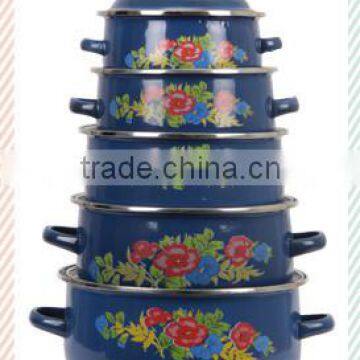 New Design Practical Blue Enamel Cookware Set Kitchenware Enamel Pot 5 Pcs Stock Belly Pot With Double Handle