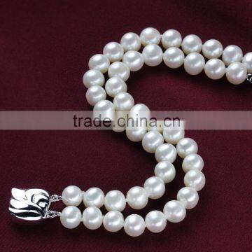 8mm AAA White Near Round White Bridal Wedding Accessory Freshwater Natural Double Strand Pearl Bracelet photo-2