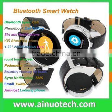 2015 hot selling smart watch 1.22" round touch screen wrist watch phone bluetooth calling S365 leather strap health moniter