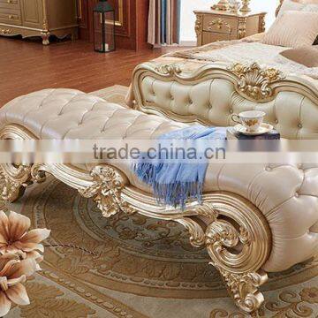 Luxury solid wood bedroom furniture golden carving leather bed bench