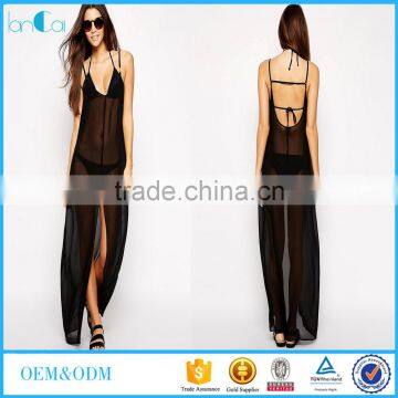 Front high split women fashion see through dress Sexy Beach Wear Sheer Spaghetti long dresses