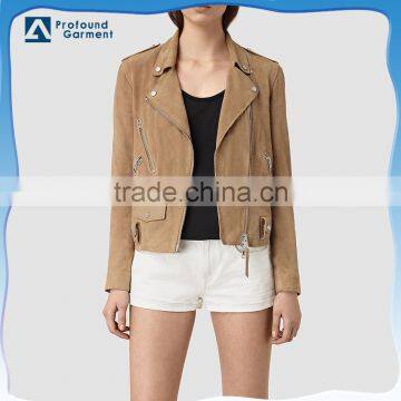 Cool Newest Slim Fitting Zip Pockets Classic City Style Blank Suede Biker Jacket for Women