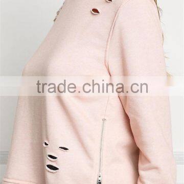 MGOO Customized Pink Distressd Hoodies For Ladies 100 Cotton Terry Tops Turtle Neck Long Sleeves Sweatshirts photo-4