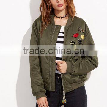 Olive Green Patch Bomber Jacket Wholesale Custom 100% Polyester Lovely Pins Ribbed Trim Satin Winter Jacket photo-2