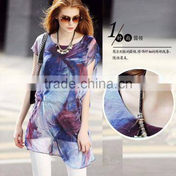 2016 Hotsale Ruffles Women Short-sleeve Loose Slim Chiffon Long Blouse Shirts Tops With DIY Printing photo-2