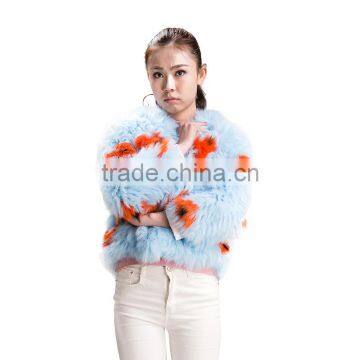 Myfur Ladies Pale Blue Fox Fur Coat With a Flower Genuine Fox Fur Outwear Jacket