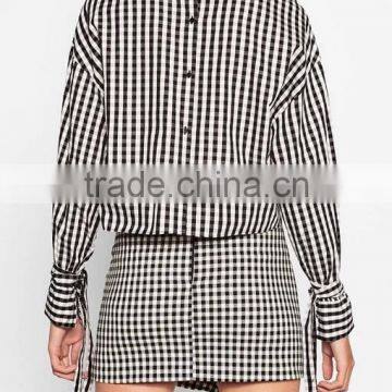 Runwaylover EY2333B Europe Style 2017 Women Fashion Flare Sleeve Plaid Blouse photo-2