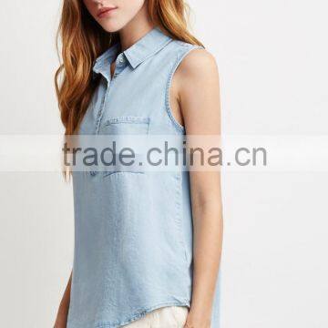 Fashion Sleeveless Lightweight Fabric Denim Shirt,collared Shirt With Patch Pocket photo-4