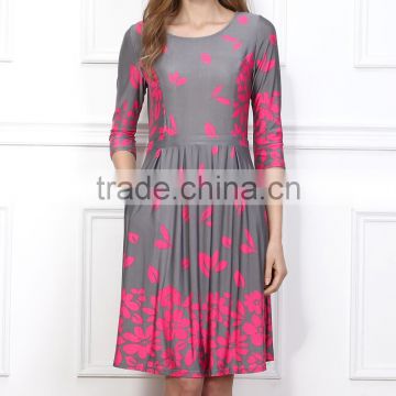 New Women Dresses With Gray And Fuchsia Falling Leaf Fit And Flare Pocket Dress Women Summer Dress Women Clothes GD90426-28