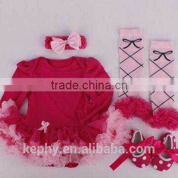 Newborn Red Damask Pettiskirt with headband shoes Long sleeves Bodysuit Headband Set 4pcs NB-12M with warm legs