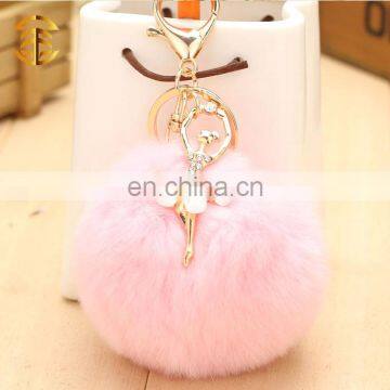 Diamonds Decoration Dancer Girl Attached Rabbit Fur Ball Cute Key Chain Keyring