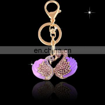 Wholesale Promotional cheap Fashion Decorative metal rhinestone crystal valentine Swan couple KeyChain for girl handbag MCA-0059