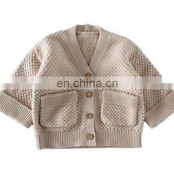 Solid color cardigan with button and pocket cotton knit cardigan girls sweater