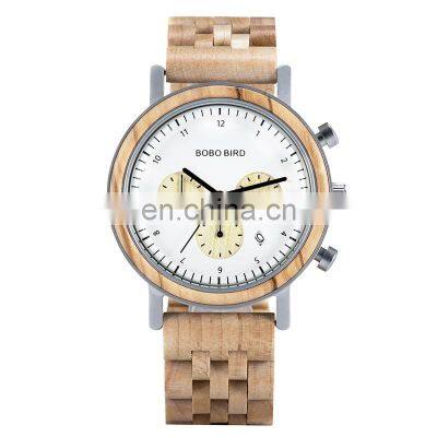 BOBO BIRD Oem Custom Logo Calendar 24 Hours Full Function European Countries Popular Round Dial Wood Watch