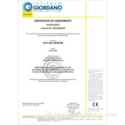 CE Certificate for Poly Bag Inserters