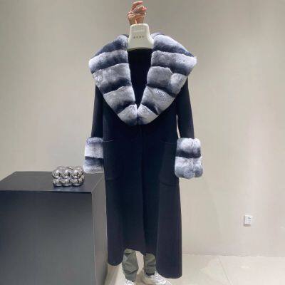 Winterneues High-End-Modell: Doppelseitiger Wolltweedmantel mit Totoro Rex-Kaninchenfellkragen, schlanker Langmantel für Frauen