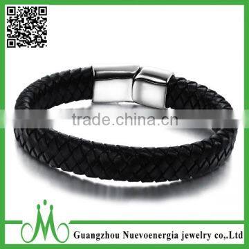 New Jewelry Stainless Steel Mens Bangle Black Braided Leather Wristband Bracelet