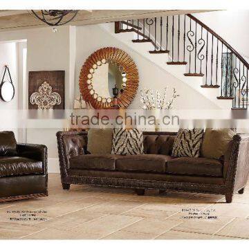 Tradition American living room furniture sectional leather sofa and gold round mirror